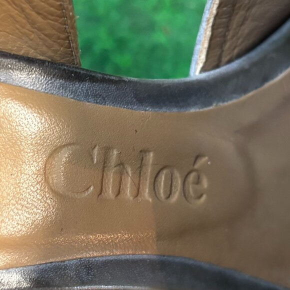 Chloe Gray Leather Peep Toe Wedge Heels size 7.5 - Picture 5 of 5